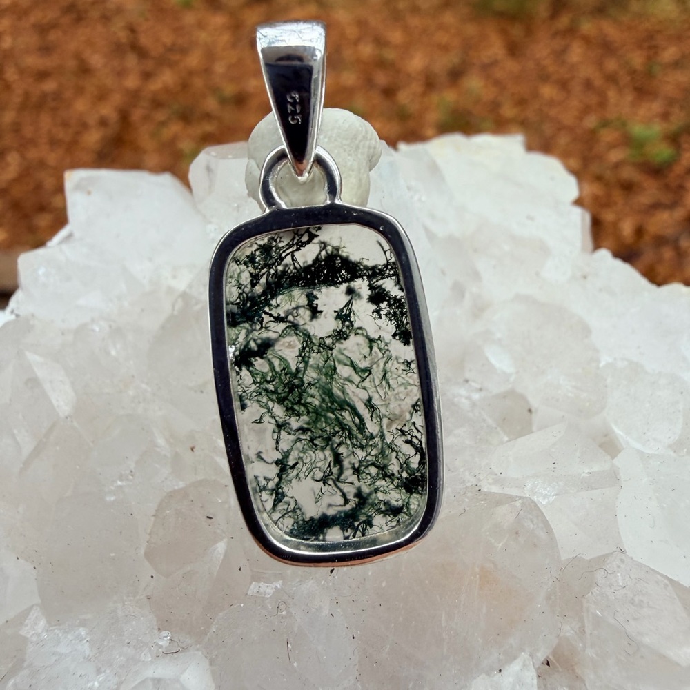 Moss Agate 925 Sterling Silver Rectangular Pendan… - image 6